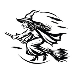 Flying Witch on Broomstick Silhouette, Pointed Hat, Flowing Hair, Black and White Design