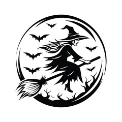 Silhouette Witch Rides Broomstick Flying with Bats on a Full Moon, Minimalistic Design