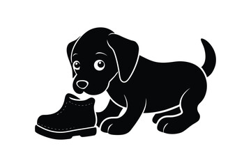 Silhouette art illustration of a puppy chewing on a shoe.eps