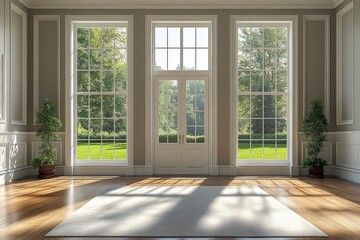 Obraz premium Empty room with three large white windows and French doors, bright natural light streaming in, offering a view of lawn and trees outside.