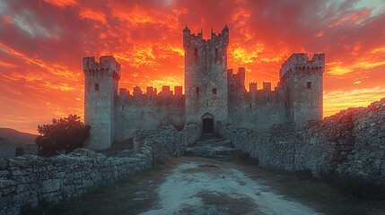 Fototapeta premium Dramatic Sunset Illuminates Ancient Castle's Stone Walls and Tow