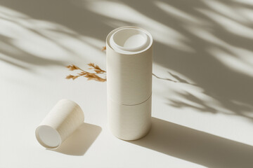 Recyclable paper tube for organic skincare, soft neutral colors, embossed details, natural aesthetic, white background