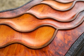Detailed close-up of a sculpted wooden surface with flowing waves.