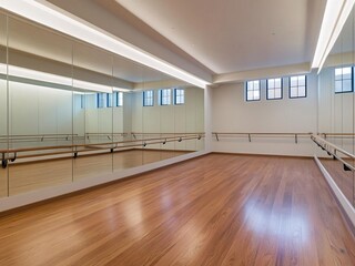 Empty dance studio interior with mirrors and wooden floor