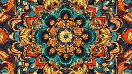 Intricate Mandala: A Vibrant Tapestry of Teal, Orange, and Gold