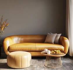 Leather Sofa and Ottoman in Modern Living Room with Warm Lighting