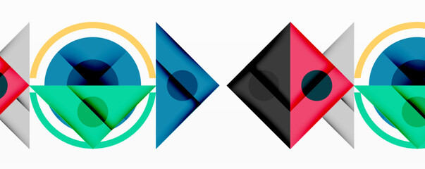 Abstract geometric shapes overlap, creating colorful patterns. Circles, triangles, diamonds dominate composition. Minimalist design, modern aesthetic.