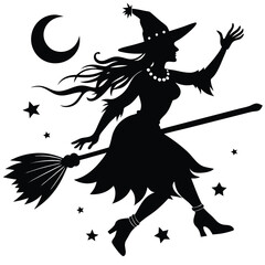 Silhouette Witch Flying on Broomstick with Bats and Clouds in Circular