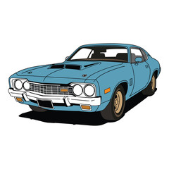 Naklejka premium 70s Muscle Car Vector - Light Blue Coupe with Stripes