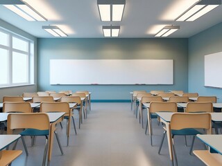 Empty Classroom with Desks, Whiteboard, and Natural Light