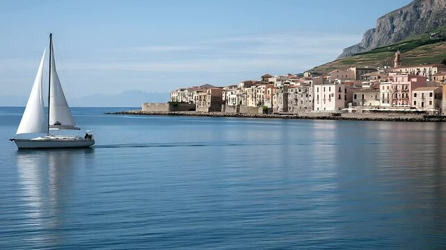 1_Yacht sailing near a Sicilian town with pastel buildings