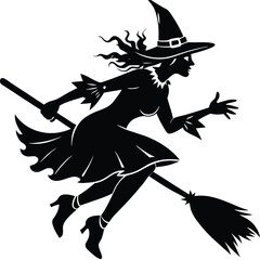 Silhouette Witch Flying on Broomstick with Bats, Clouds, and Full Moon Icon Art