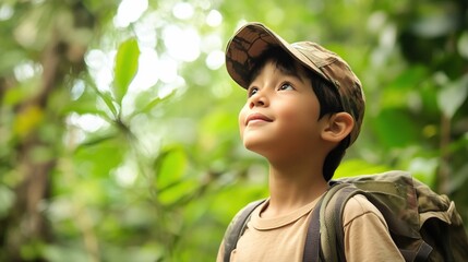 Young Explorer, A Boy's Wonder and Adventure in the Lush Green Forest
