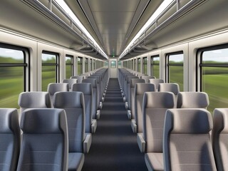 Streamlined train interior with blurring landscape evokes calm movement