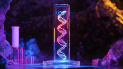 A complex double helix DNA strand suspended inside a test tube in a frozen state within a high tech laboratory, Preserving the DNA for research with neon light - Powered by Adobe