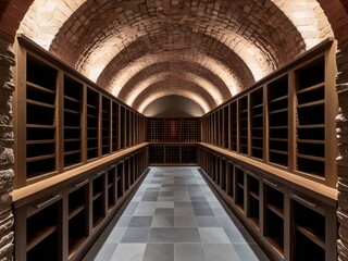 Obraz premium Elegant Wine Cellar with Brick Arch Ceiling and Custom Shelving