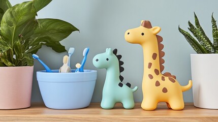 Cute animal toothbrush holders in a nursery