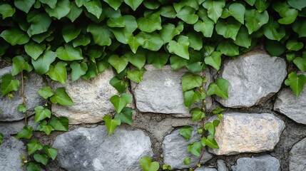 Lush Green Ivy Drape on Rustic Stone Wall: Serene Nature Photography