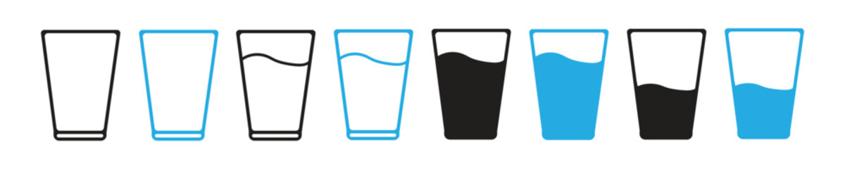 Water glass icon vector set in blue and back flat outline. Tall milk drink glass line pictogram. Stock vector