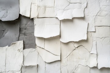 Fototapeta premium Abstract textured surface composed of layered, cracked patches of various light grays and whites.