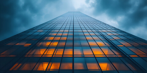 Modern skyscraper with glowing windows, High-rise building illuminated at dusk, City skyline with dramatic clouds and glowing windows