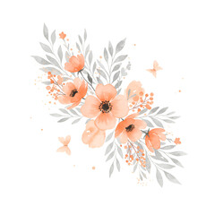 Watercolor floral arrangement with peach flowers and gray leaves isolated art