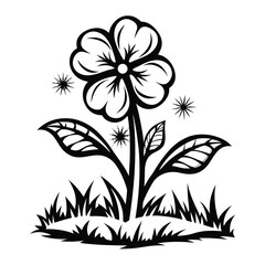 Black and White Floral Detailed Blossom, Leaves, Grass Silhouette Art
