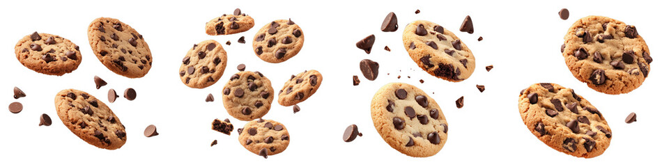 Flying chocolate chips cookies Isolated on transparent background. PNG , Set of