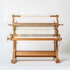 Wooden Loom Weaving White Yarn.