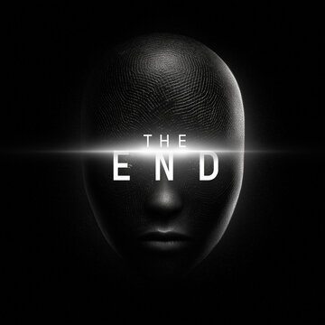 Schwarzer Mannequin-Kopf mit Text "THE END" und horizontalem Lichtstrahl vor dunklem Hintergrund