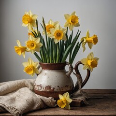 A daffodil bunch in a rustic jug, white background