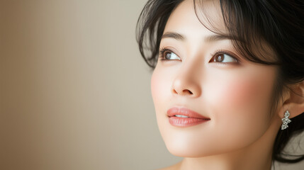 Fototapeta premium Elegant Asian woman with natural makeup, embodying timeless beauty and luxury