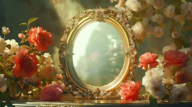 A circle frame gold antique on the table surrounded by flowers	