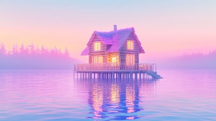 Fototapeta premium Pastel Lakeside Cabin at Sunrise