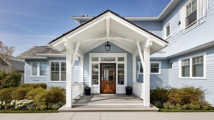 Elegant House Entrance with Architectural Details, Soft Blue Sky Background, Natural Daylight, Professional Real Estate Photography Style