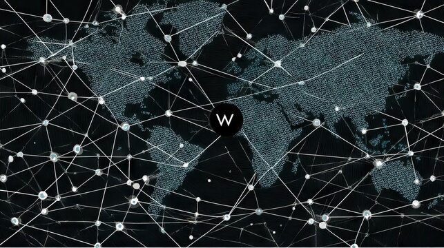 Futuristic WEB3 decentralized internet illustration showing blockchain-based world wide web, distributed social network connections, and secure peer-to-peer data exchange