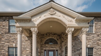 Obraz premium Elegant House Entrance with Architectural Details, Soft Blue Sky Background, Natural Daylight, Professional Real Estate Photography Style
