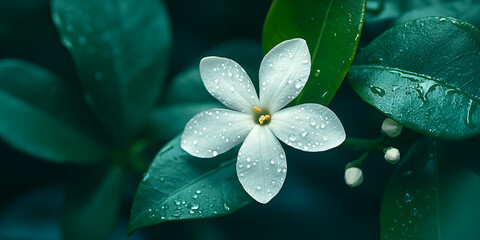 White flower with water droplets, Close-up of white flower with dew, Beautiful white bloom in nature