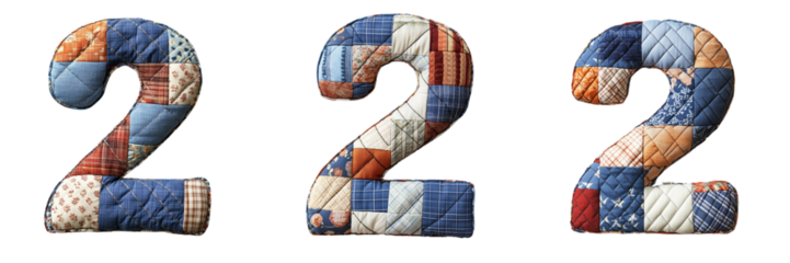 A set of the number 2 crafted from soft quilted fabric, showcasing cozy textures, isolated on a transparent background
