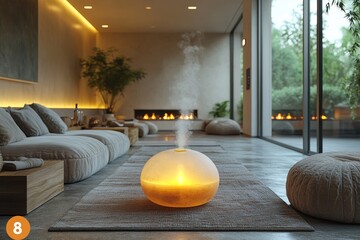 Modern home, aromatherapy diffuser, relaxing ambiance, fireplace background, wellness