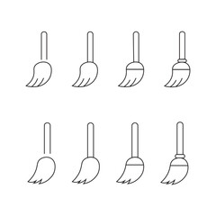 Thin Outline Icon Broom, Besom or Short Brush of Bound Straw Near a Pile of Garbage. Such Line sign as Cleaning Garbage, Cleanup, Sweeping. Vector Computer Pictograms White Background Editable Stroke.
