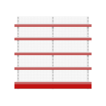 Product showcase with grid. Product display racks for selling. Empty shelves, template, mockup, planogram, red, realistic, supermarket, vector