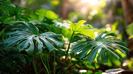 Obraz premium Lush Monstera and Philodendron Leaves in Natural Setting, Close-up Shot, Soft Sunlight Filtering Through, Tropical Atmosphere