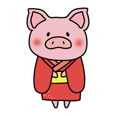 赤い浴衣を着ているぶた