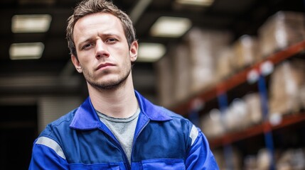 Fototapeta premium Male Warehouse Worker in Blue Uniform, Focused Expression, Upper Body Shot, Industrial Backdrop, Soft Overhead Lighting