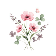 Watercolor floral arrangement with pink flowers and butterfly illustration