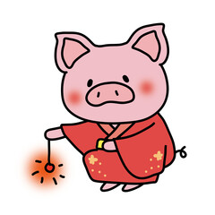 赤い浴衣を着て線香花火をするぶた