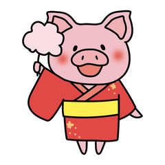 綿あめを持っている浴衣を着たぶた