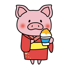 浴衣を着てかき氷を食べるぶた