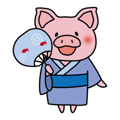 青い浴衣を着てうちわを持っているぶた